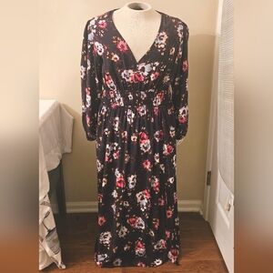 GAP Dress XL Floral Black Background Maxi Smocked Waist V-Neck Feminine Bohemian